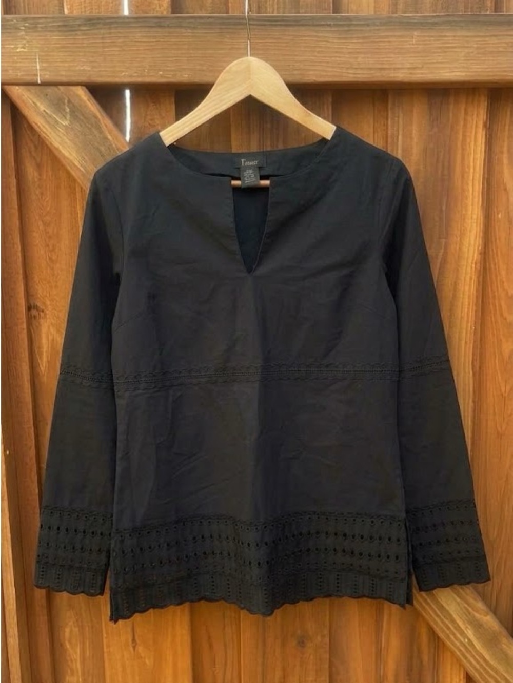 100% Cotton Black Eyelet Lace Split Neck Tunic Blouse Long Sleeve Boho Top M